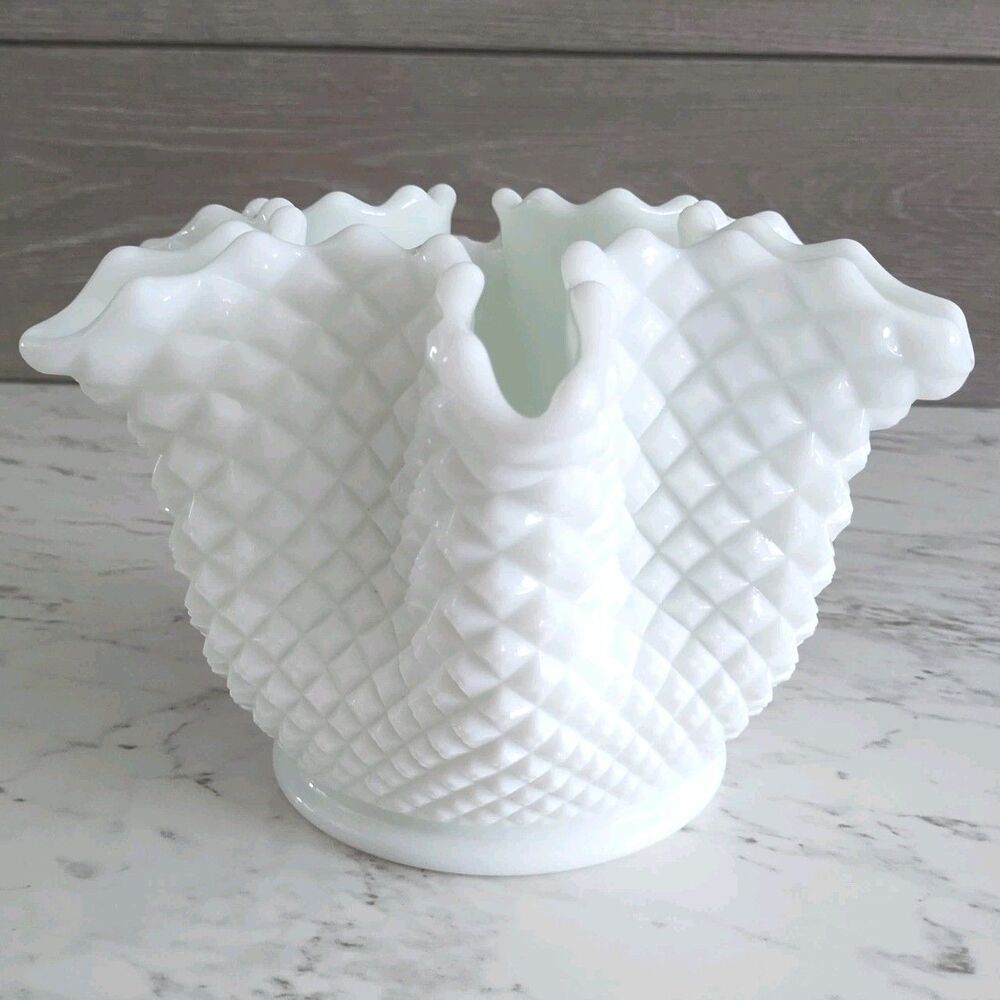 Westmoreland Milk Glass English Hobnail Crimped 8" Handkerchief Rose Bowl Vase